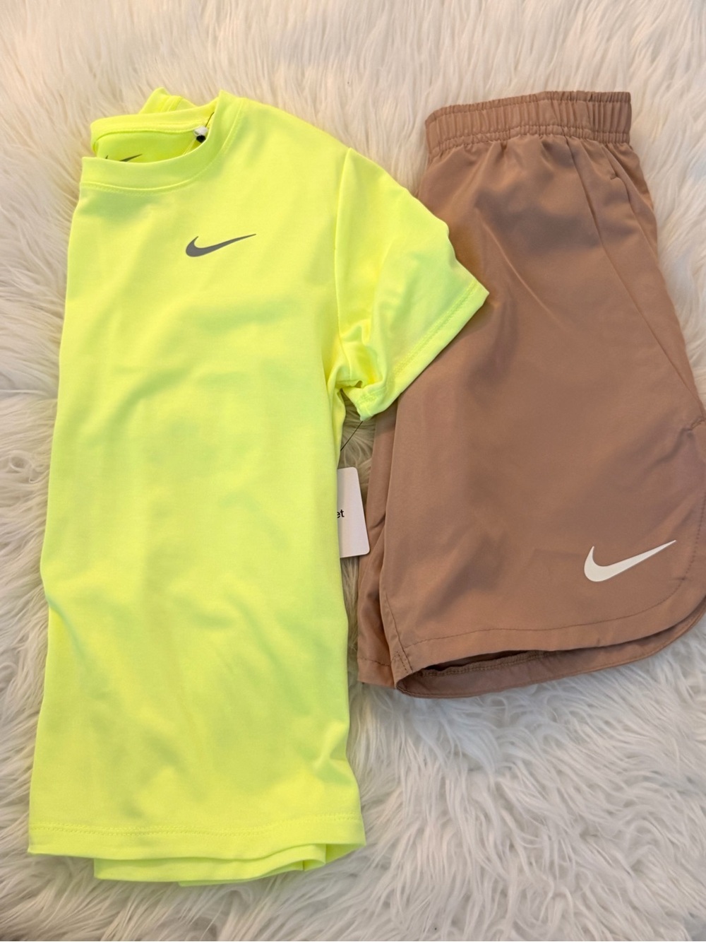 Nike Neon Yellow Dri-FIT Short Sleeve Tee with Tan Athletic Shorts